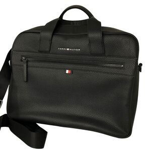 Tommy Hilfiger Mens Black Pebble Faux-Leather Briefcase Crossbody Strap Work NEW